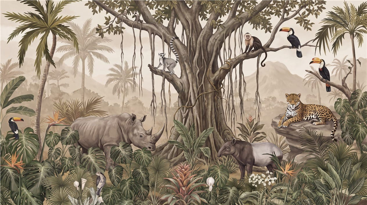 Sepia Wild Animal Jungle Wallpaper Mural in jungle