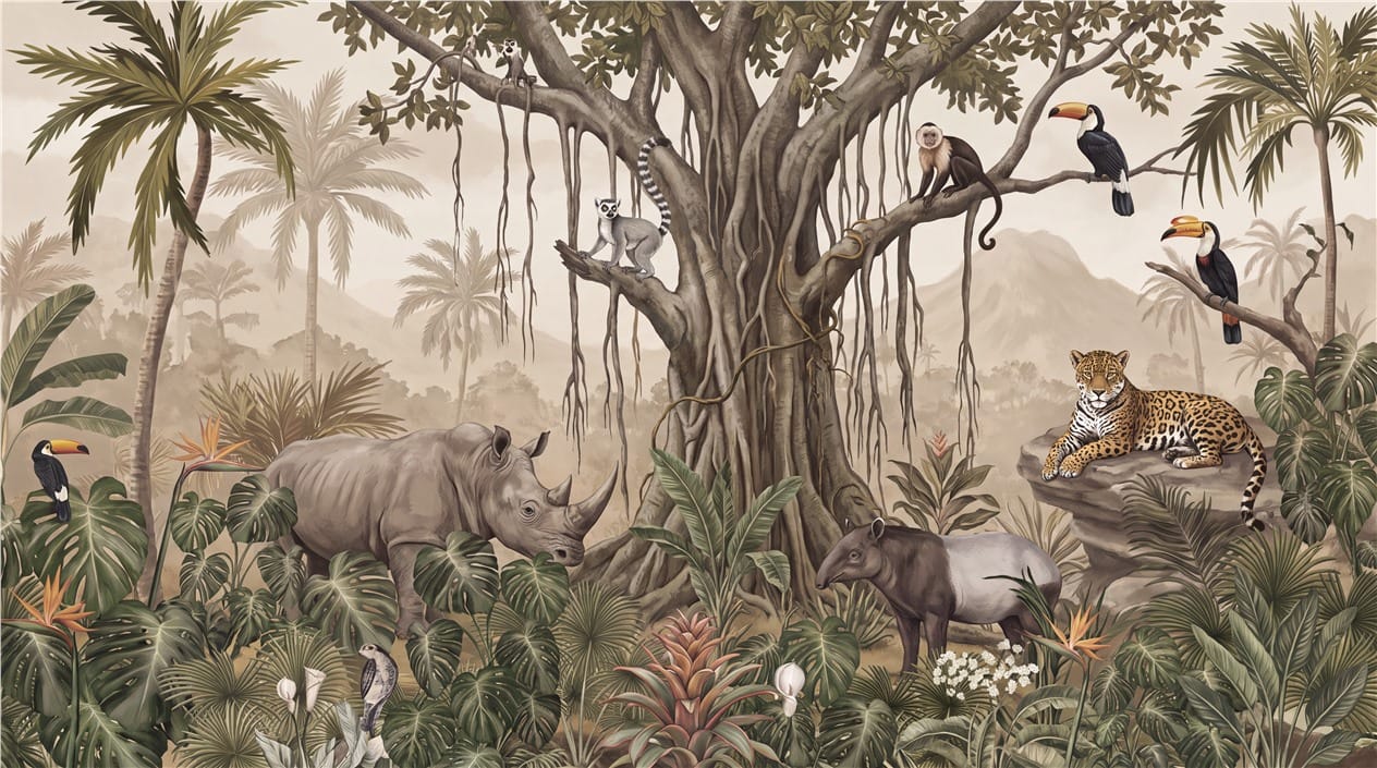 Sepia Wild Animal Jungle Wallpaper Mural