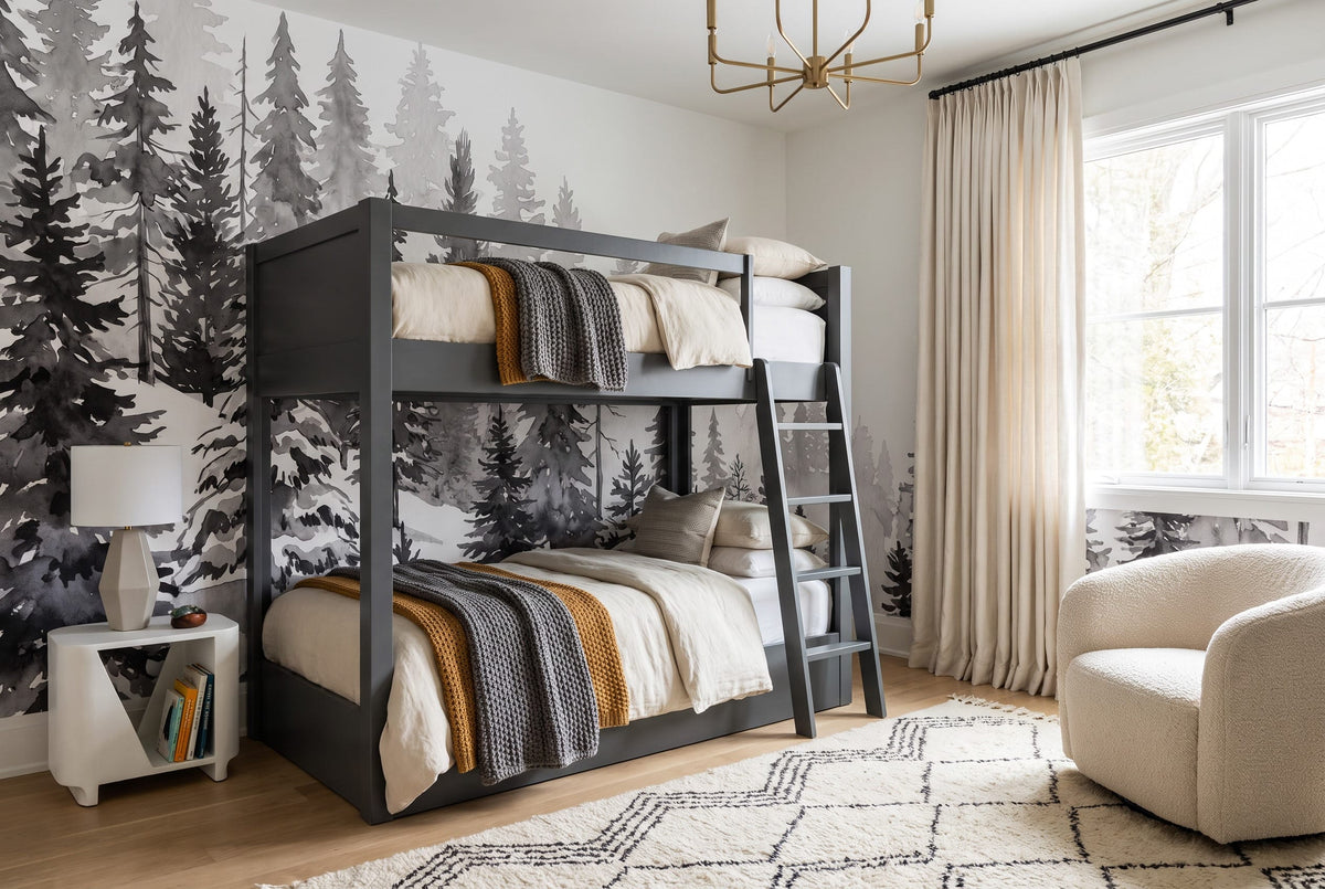 Dreamy Snow Gray Nordic Pine Winter Forest Wallpaper Mural in kids