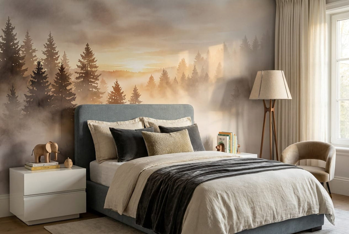 Golden Brown Watercolor Nordic Misty Forest Wallpaper Mural scene image