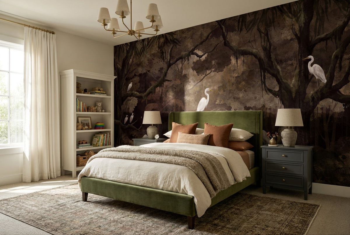 kids room dark forest wallpaper mural egret custom stick on vinyl non woven removable