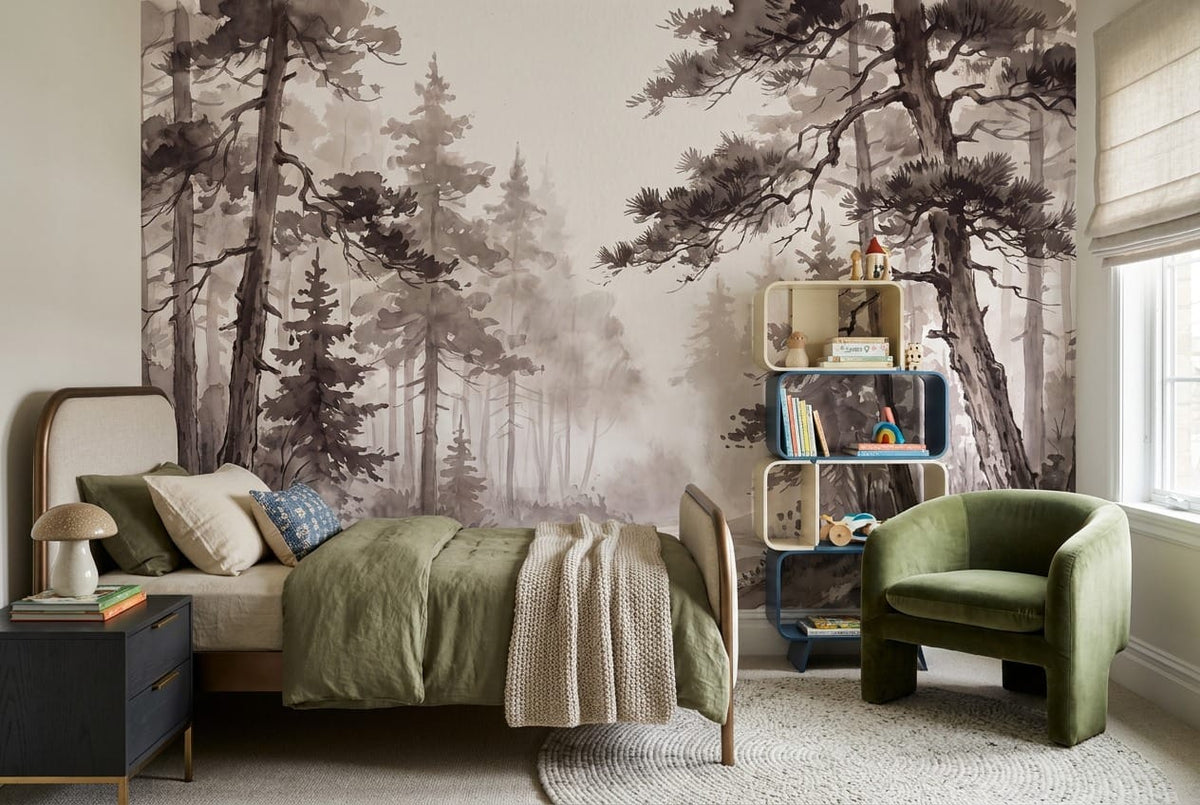 Warm Brown Ink Wash Japanese Pine Tree Wallpaper Mural in kids