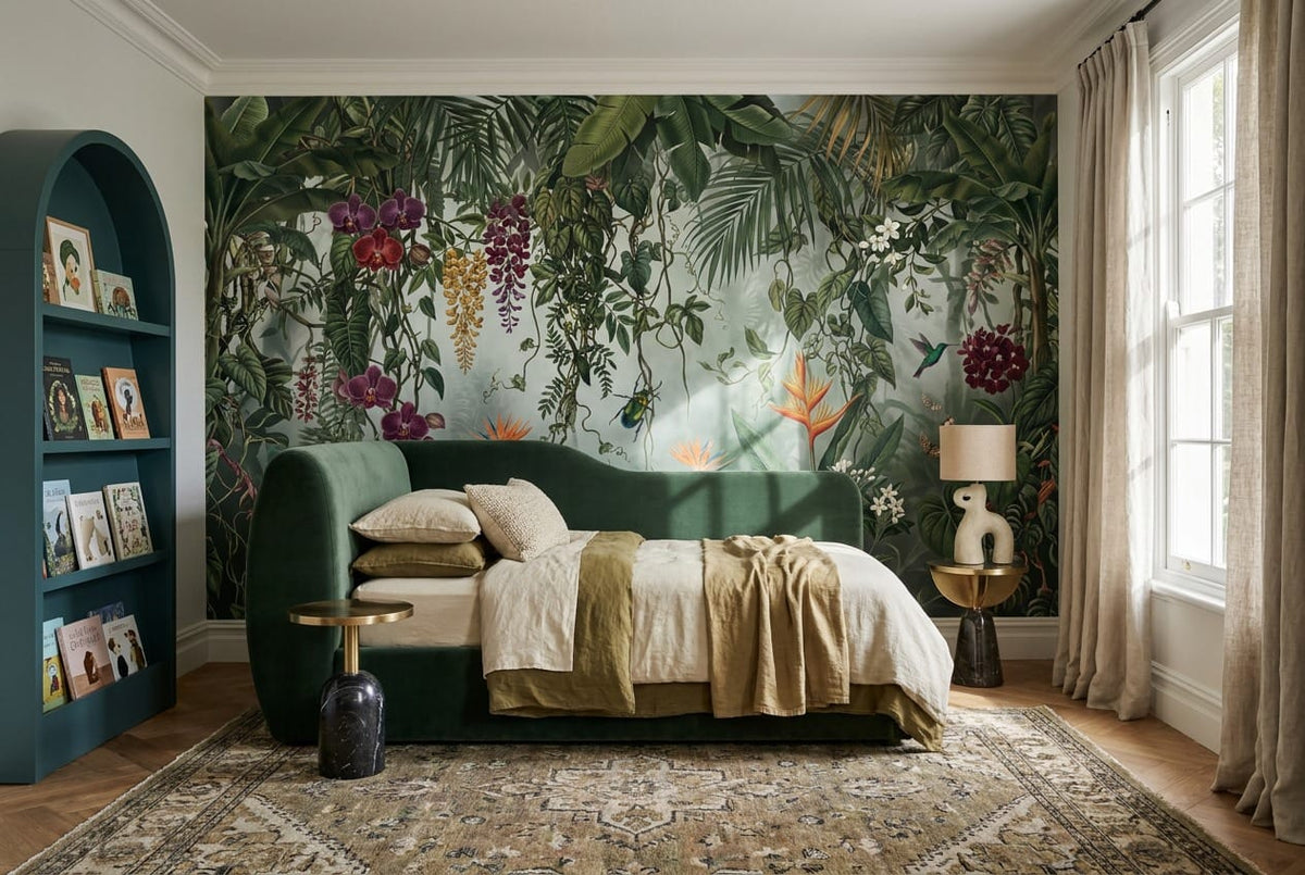 Vibrant Green Botanical Tropical Rainforest Wallpaper Mural scene image