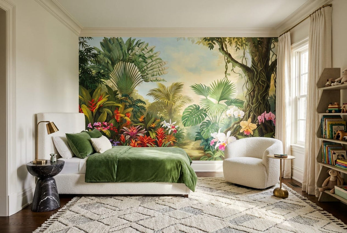 Sage Green Botanical Tropical Rainforest Wallpaper Mural scene image