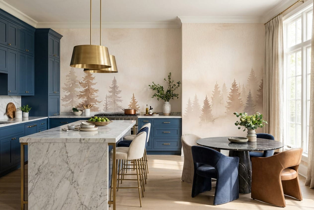 Warm Beige Watercolor Nordic Misty Forest Wallpaper Mural scene image