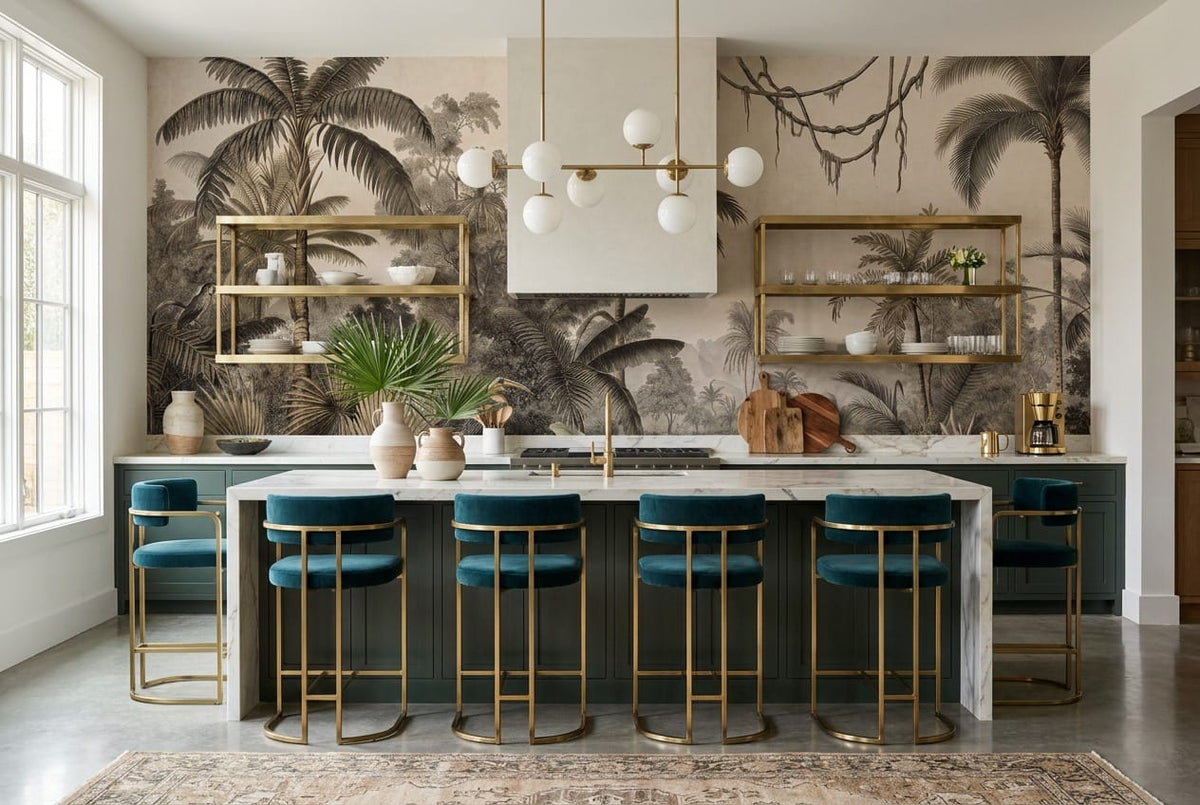 Jade Gray Botanical Tropical Rainforest Wallpaper Mural scene image