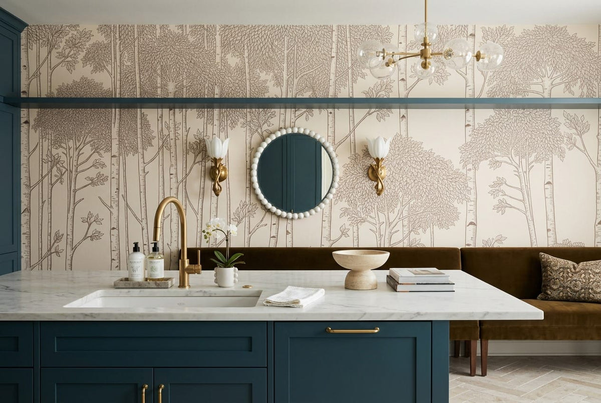 Winter Tan Landscape Nordic Birch Forest Wallpaper Mural in kitchen