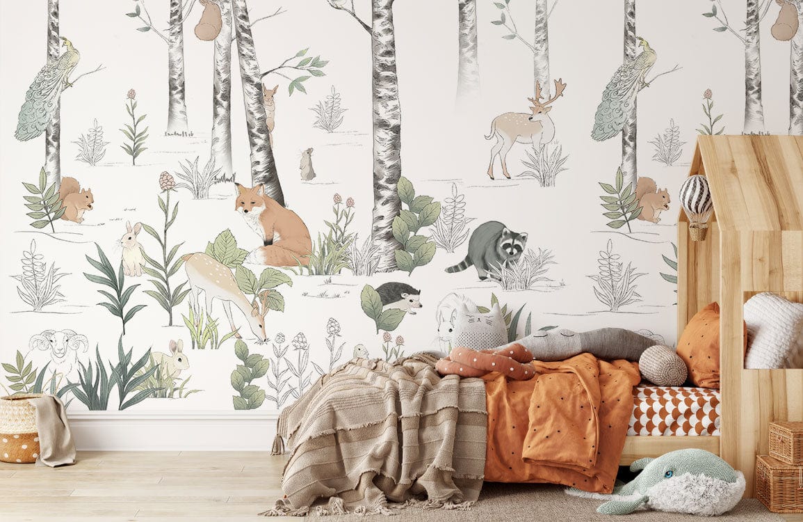 Children's bedroom with Whimsical Woodland Creatures mural wallpaper, pastel hues, wooden playhouse bed, soft textiles.