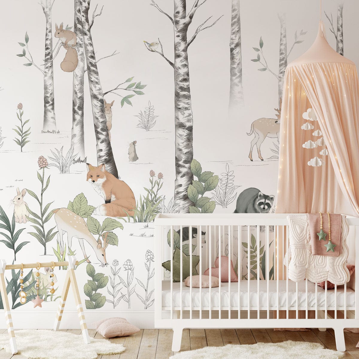 Whimsical Woodland Creatures wallpaper; pastel tones, nursery, white crib, pink canopy, wooden floor.