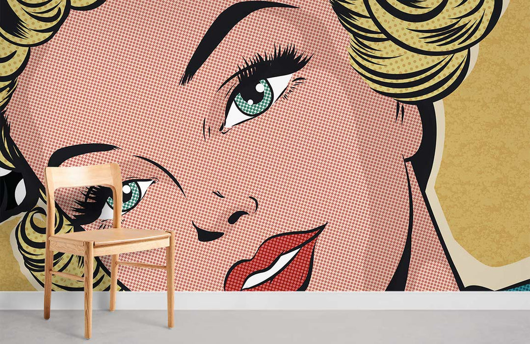 Pop art mural featuring vibrant comic theme with wooden chair on grey flooring in modern room setting.