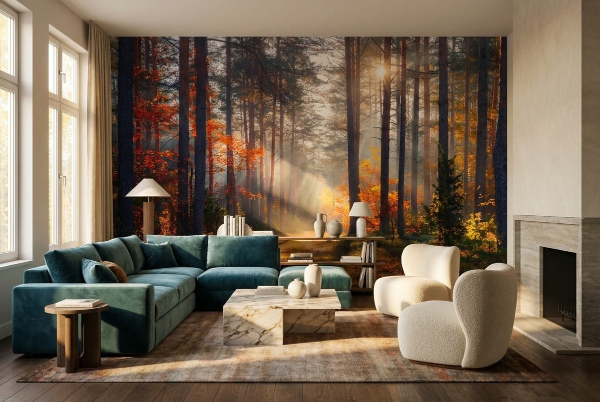 Sunbeam Pine Autumn Forest Path Wallpaper Mural in living