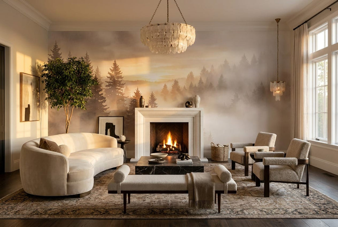 Golden Brown Watercolor Nordic Misty Forest Wallpaper Mural scene image