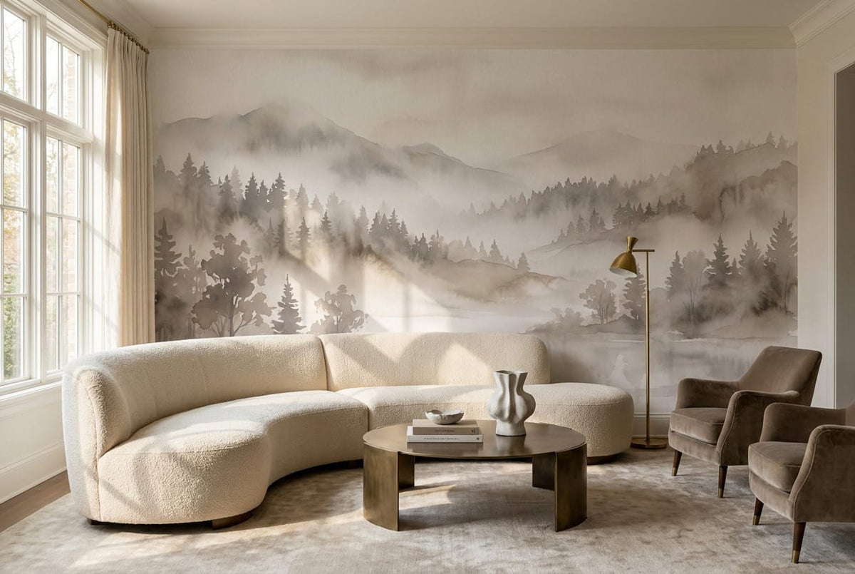 Sepia Watercolor Nordic Misty Forest Wallpaper Mural scene image