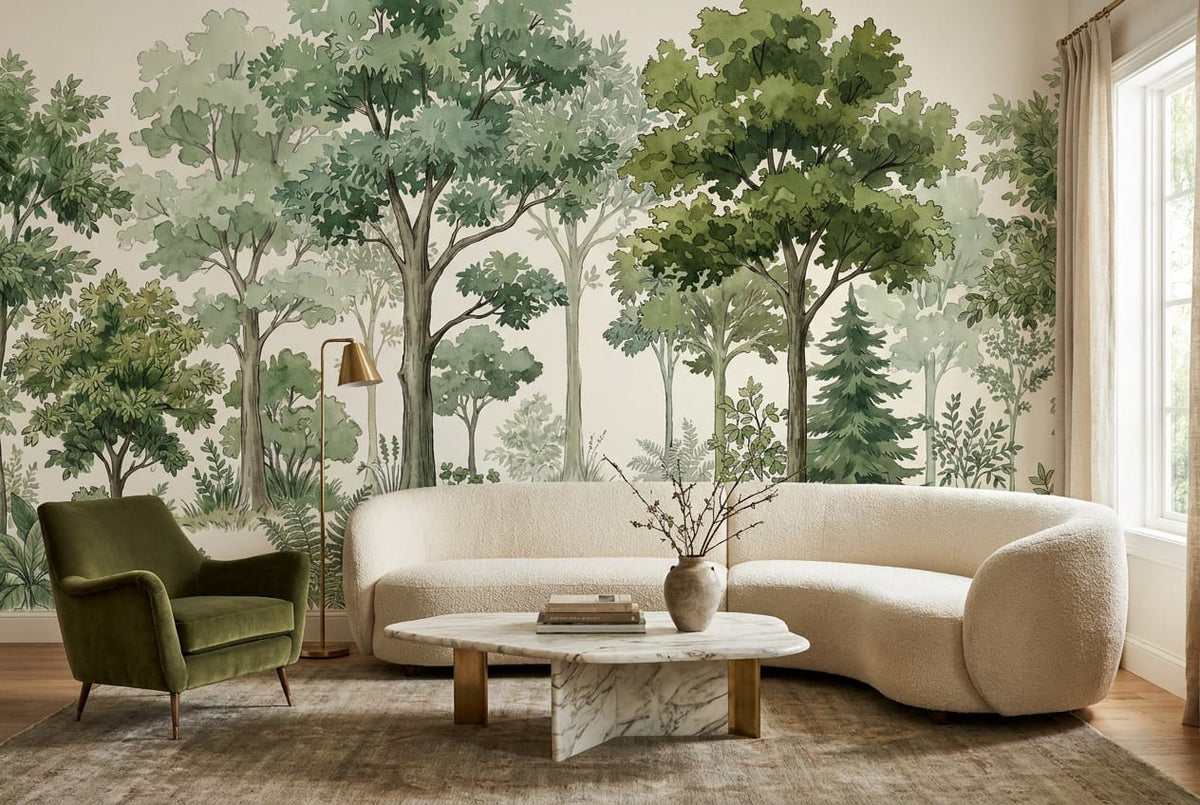 Soft Green Watercolor Nordic Forest Green Wallpaper Mural scene image