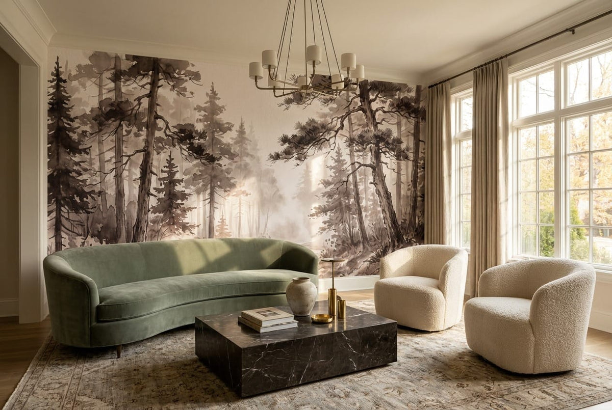 Warm Brown Ink Wash Japanese Pine Tree Wallpaper Mural in living