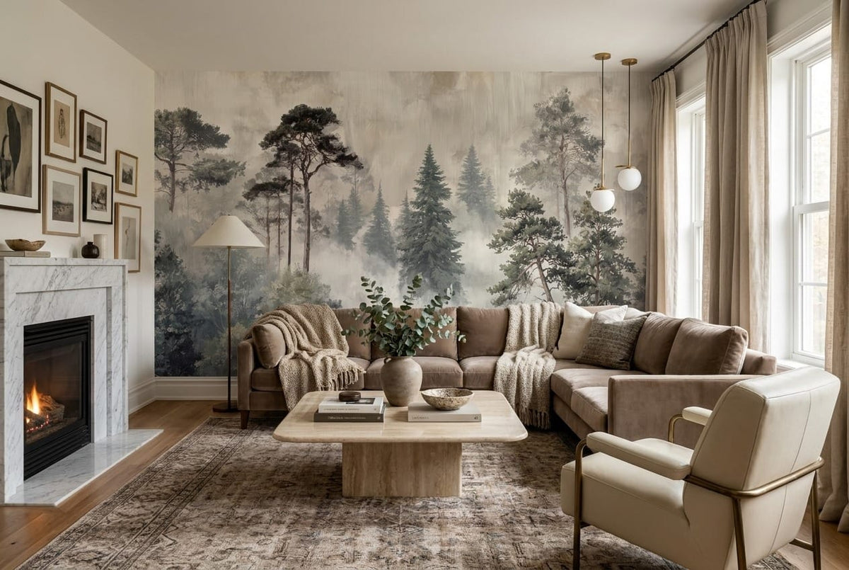 Misty gray pine tree wallpaper mural in a living room