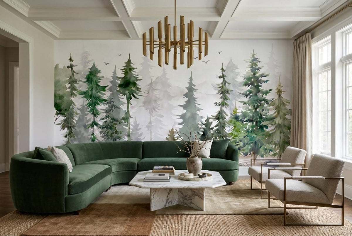 Forest Green Watercolor Nordic Pine Tree Wallpaper Mural in living