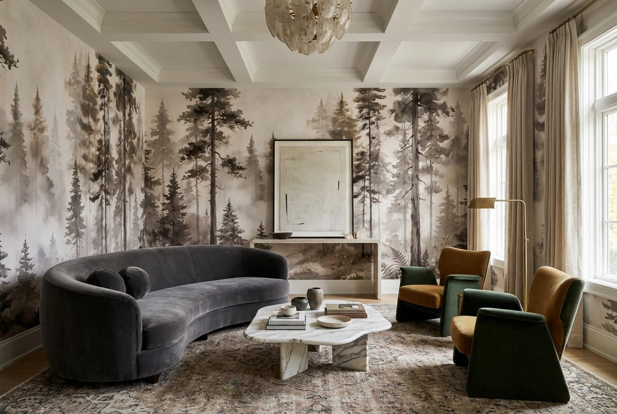 Taupe Watercolor Nordic Pine Tree Wallpaper Mural in living