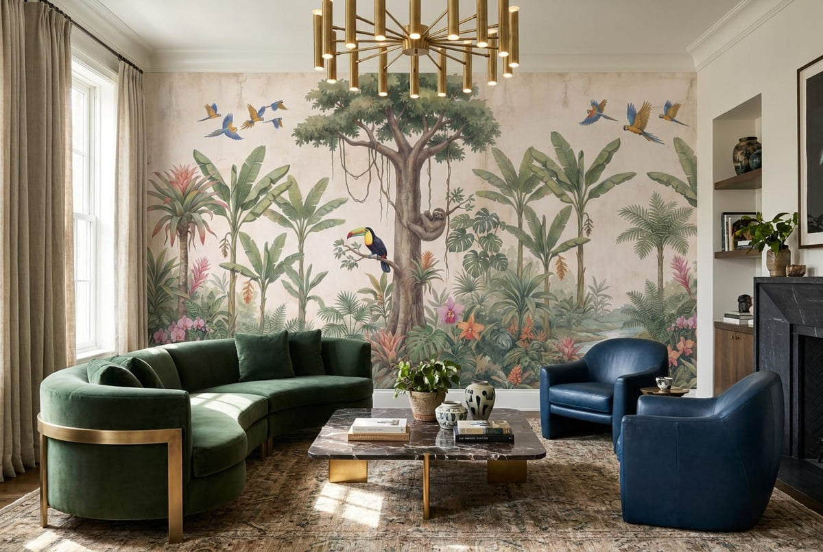 Soft Beige Botanical Tropical Rainforest Wallpaper Mural scene image
