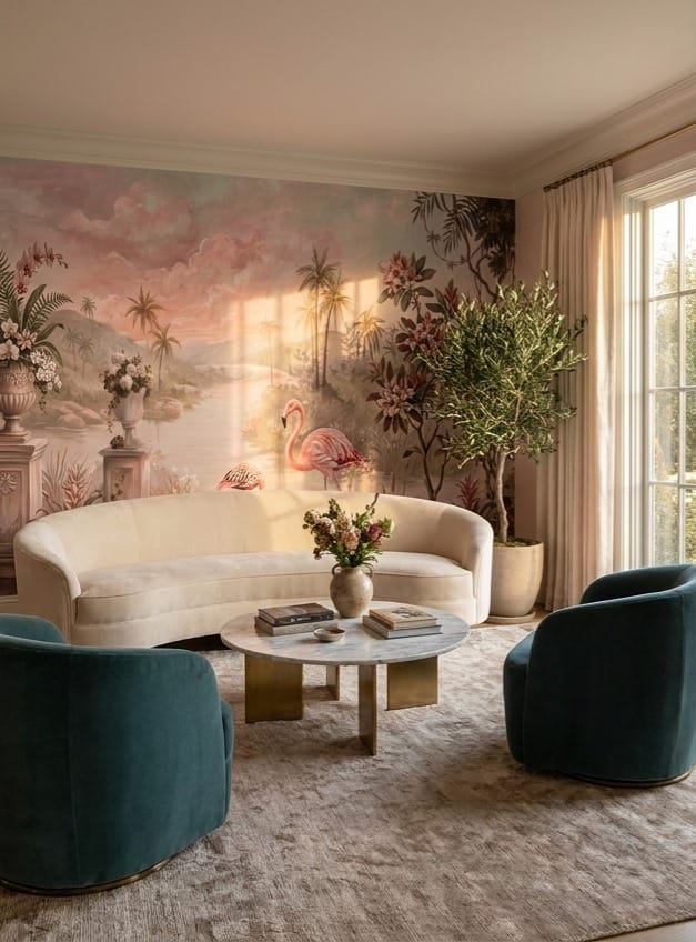 Blush Pink Botanical Tropical Rainforest Wallpaper Mural scene image