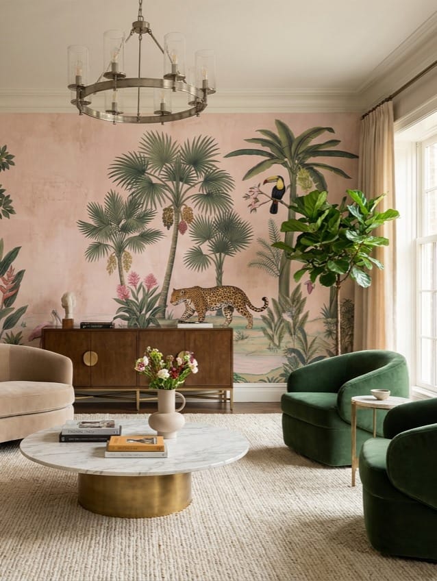 Pink Green Botanical Tropical Rainforest Wallpaper Mural scene image