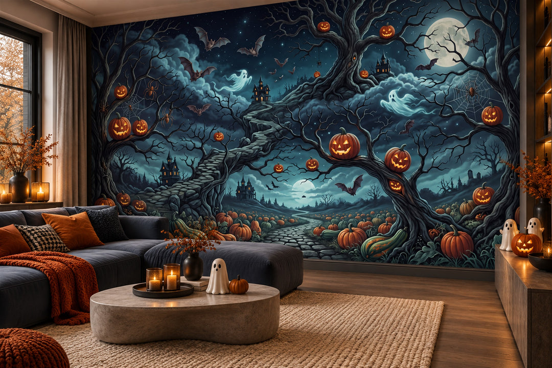 living room teal pumpkins custom non woven vinyl stick on removable wallpaper mural