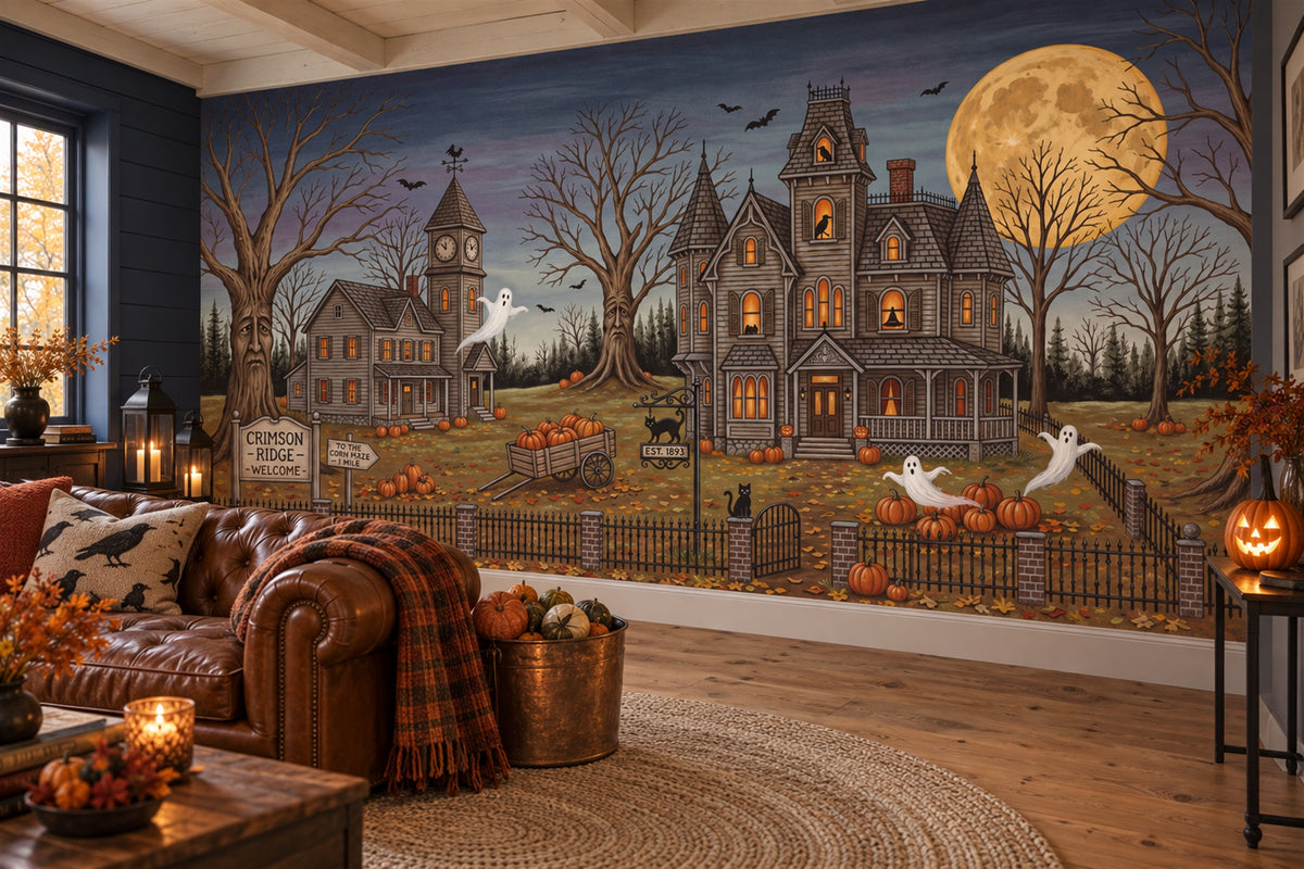 lounge blue haunted house custom non woven vinyl stick on removable wallpaper mural
