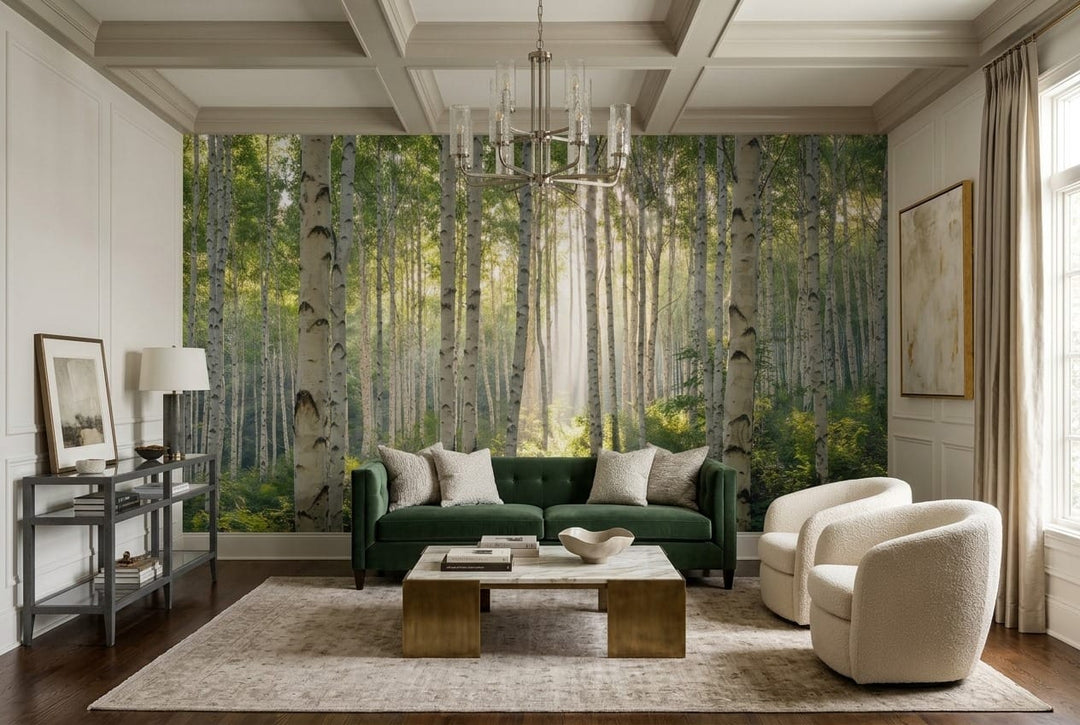 Pale Green Watercolor Nordic Birch Forest Wallpaper Mural in lounge