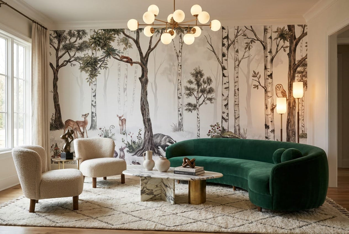 Natural Tan Watercolor Nordic Birch Forest Wallpaper Mural in lounge