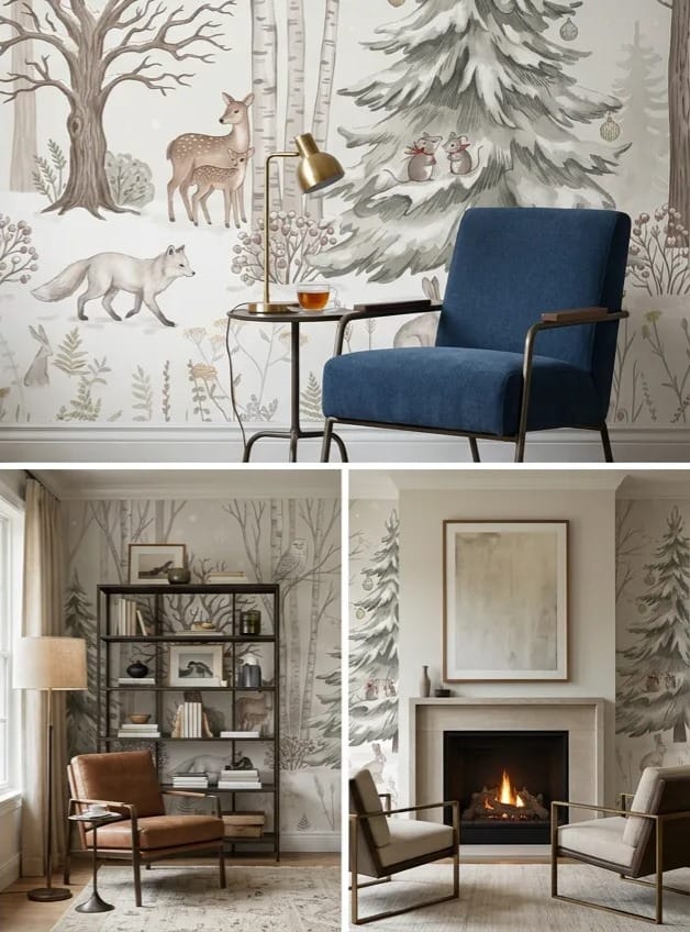 Warm Tan Cozy Nordic Winter Forest Wallpaper Mural in lounge