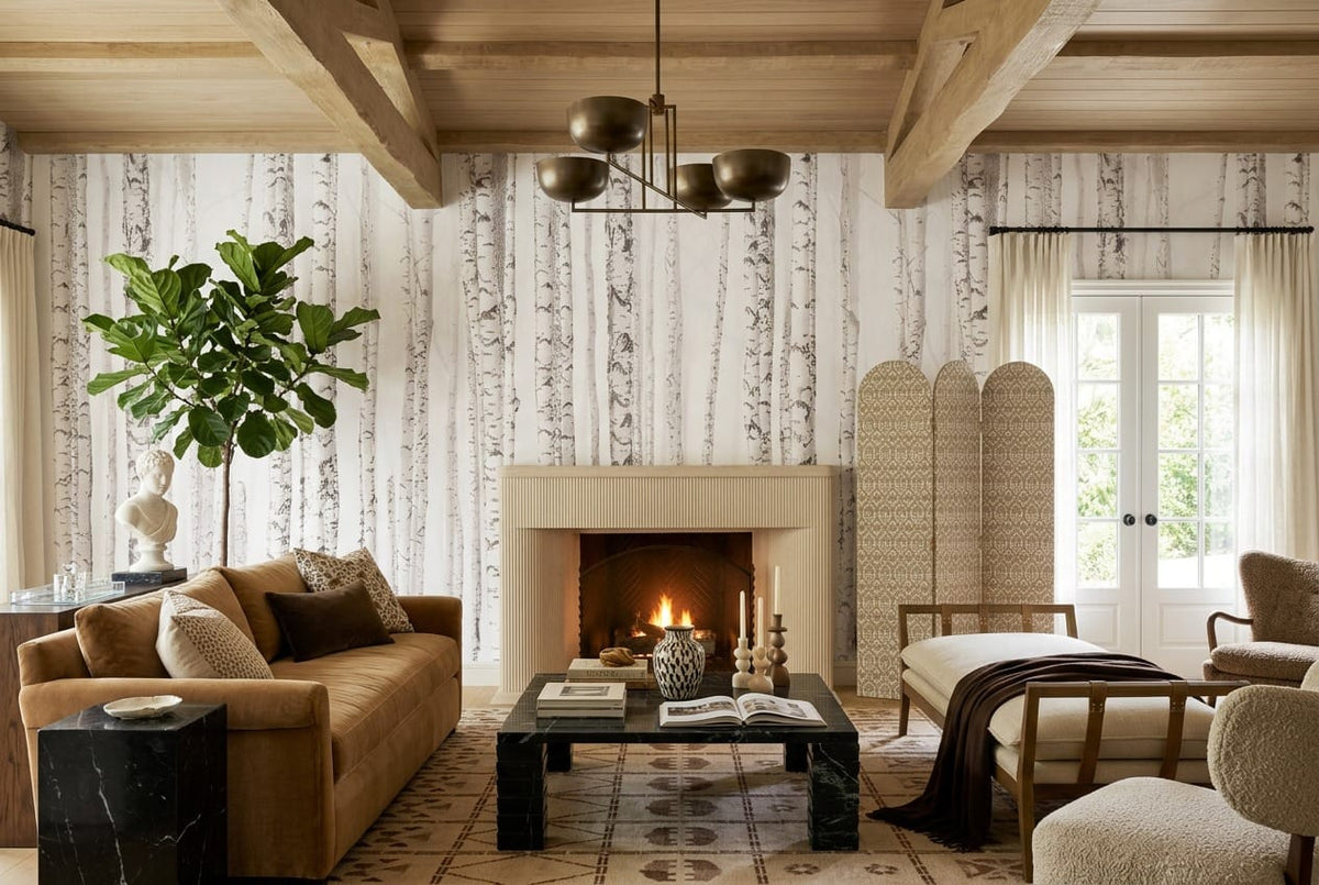 Muted White Vintage Nordic Birch Forest Wallpaper Mural in lounge