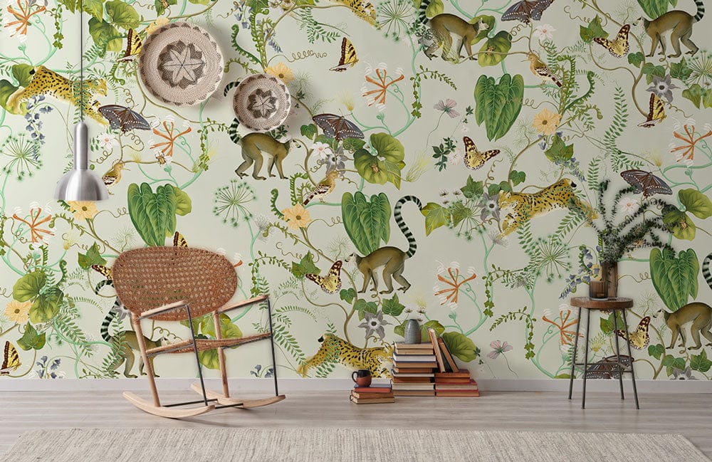 Tropical Safari mural wallpaper with jungle theme; wicker chair, wooden floor, living room setting.
