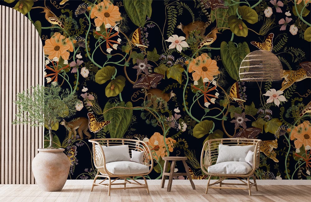 Luxury Botanical Jungle Mural Wallpaper, natural decor, wooden flooring, elegant room, chic woven chairs.