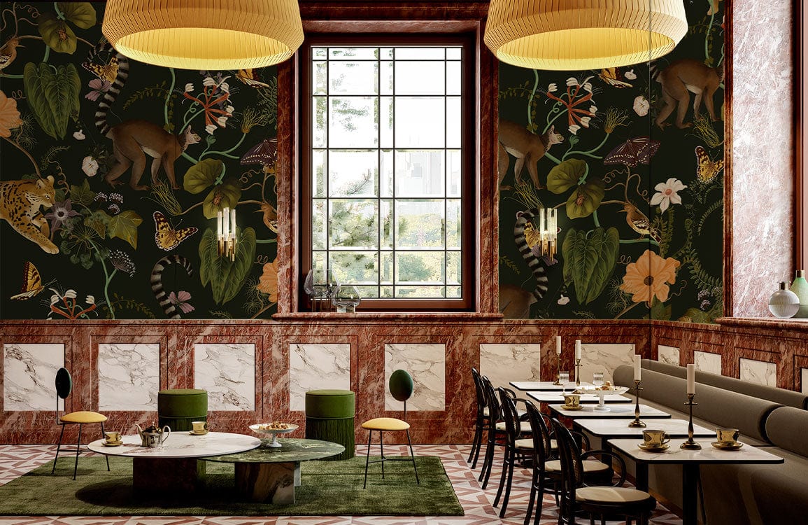Exotic Jungle Wildlife Mural with lush green motifs, marble walls, green rug, elegant dining room settings.