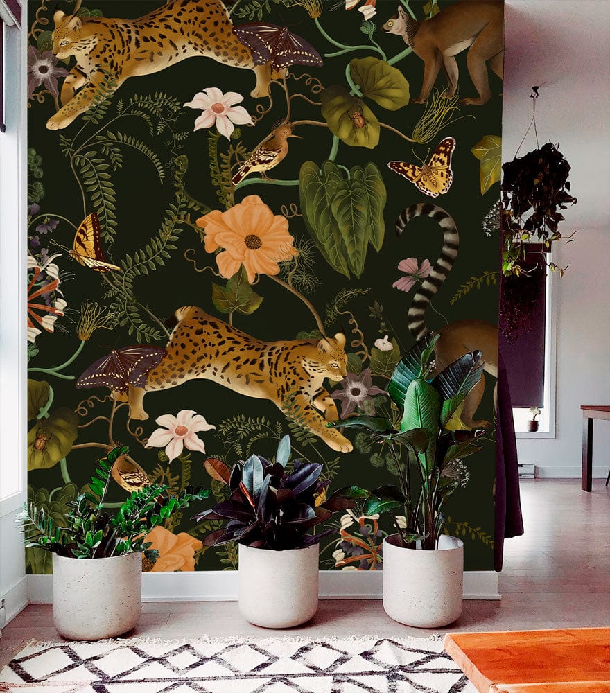 Exotic Jungle Wildlife Mural in living room with floral motifs, neutral flooring, and potted plants.