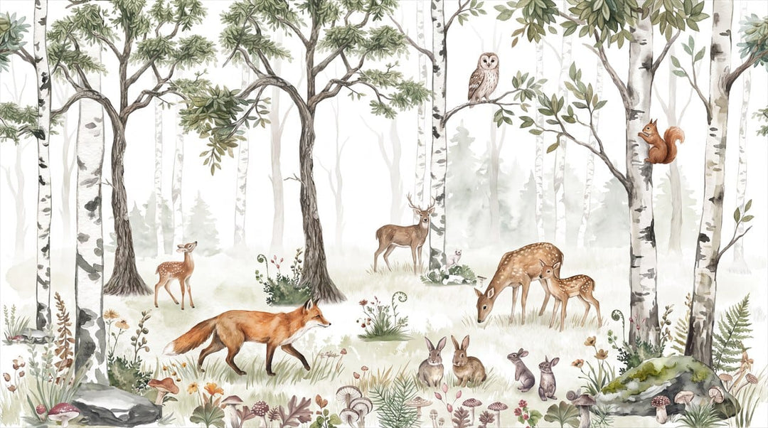 Soft Green Watercolor Nordic Birch Forest Wallpaper Mural in main