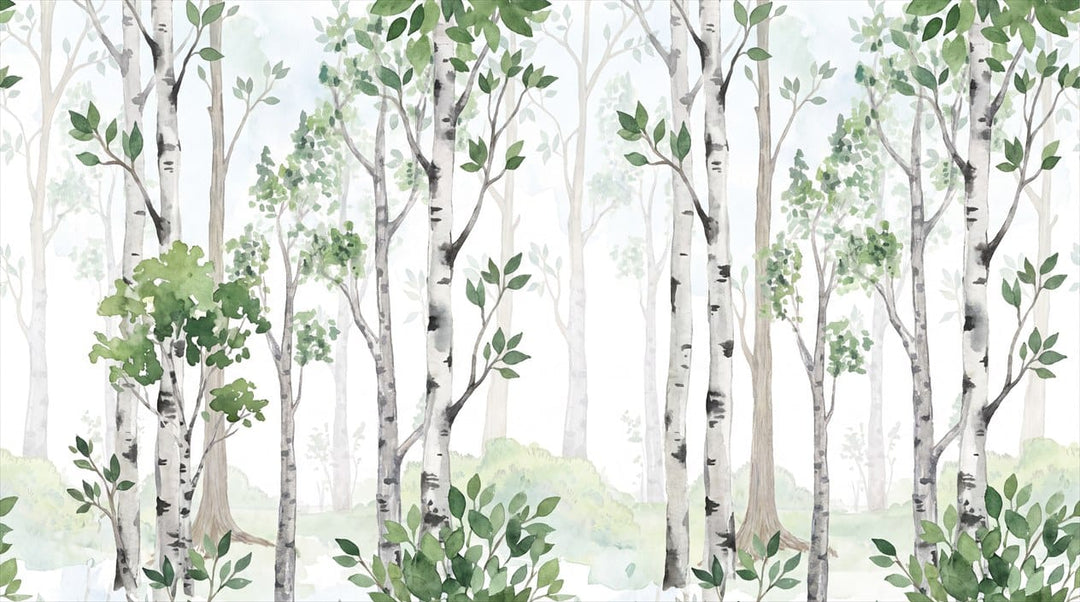 Soft Green Scandinavian Birch Forest Wallpaper Mural in main