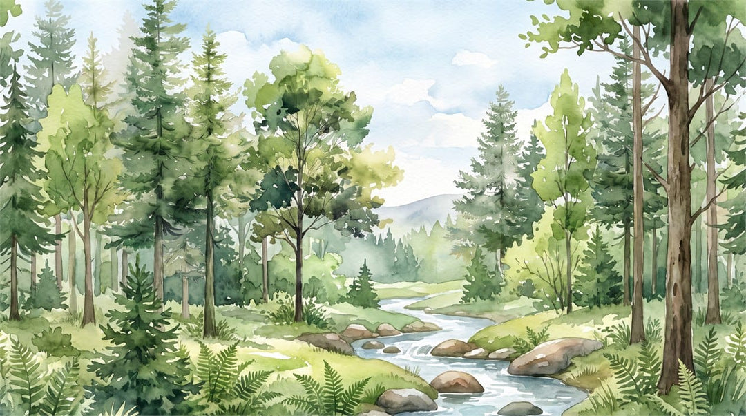 Fresh Green Watercolor Nordic Forest Green Wallpaper Mural scene image