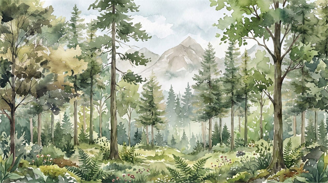 Forest Green Watercolor Alpine Forest Green Wallpaper Mural scene image