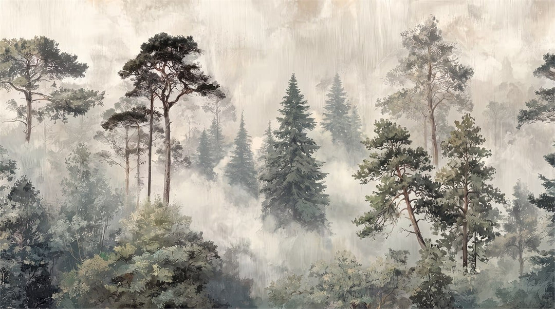 Misty gray watercolor pine tree wallpaper mural main image