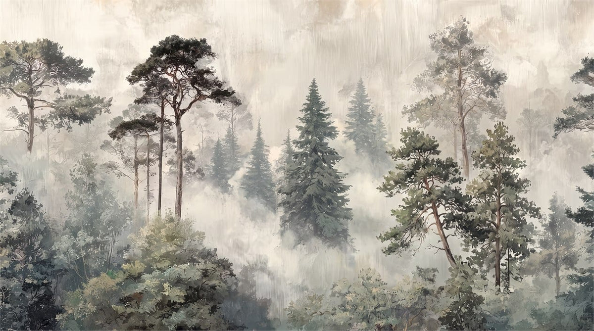 Misty gray watercolor pine tree wallpaper mural main image