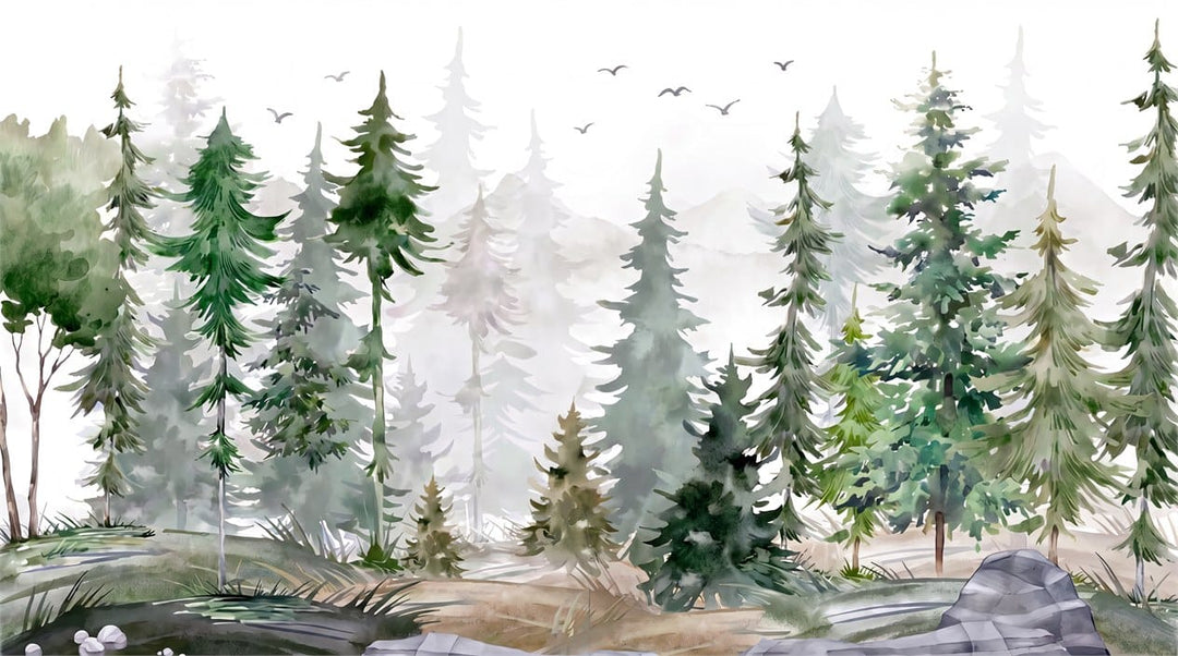 Forest Green Watercolor Nordic Pine Tree Wallpaper Mural in main