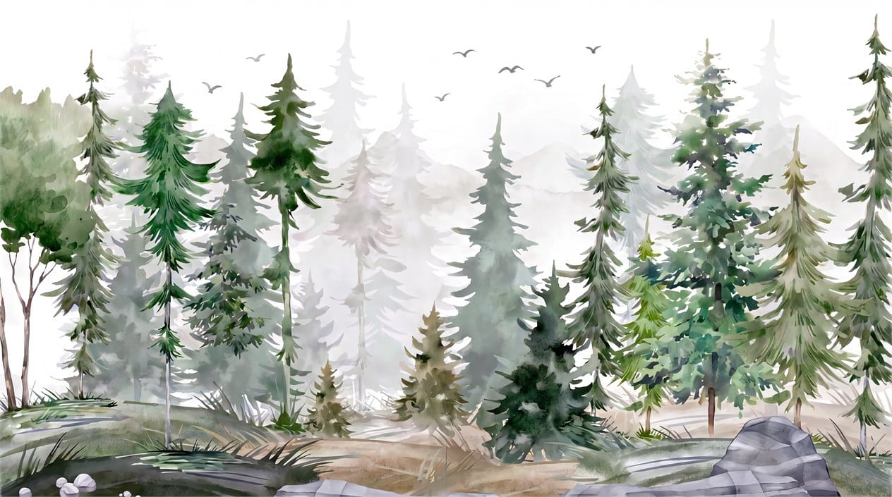 Forest Green Watercolor Nordic Pine Tree Wallpaper Mural