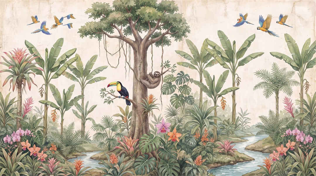 Soft Beige Botanical Tropical Rainforest Wallpaper Mural scene image