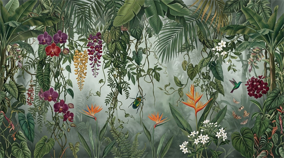 Vibrant Green Botanical Tropical Rainforest Wallpaper Mural scene image