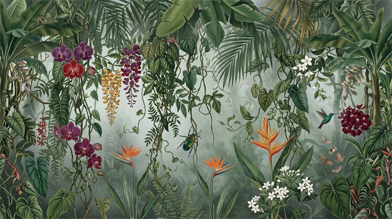 Vibrant Green Botanical Tropical Rainforest Wallpaper Mural
