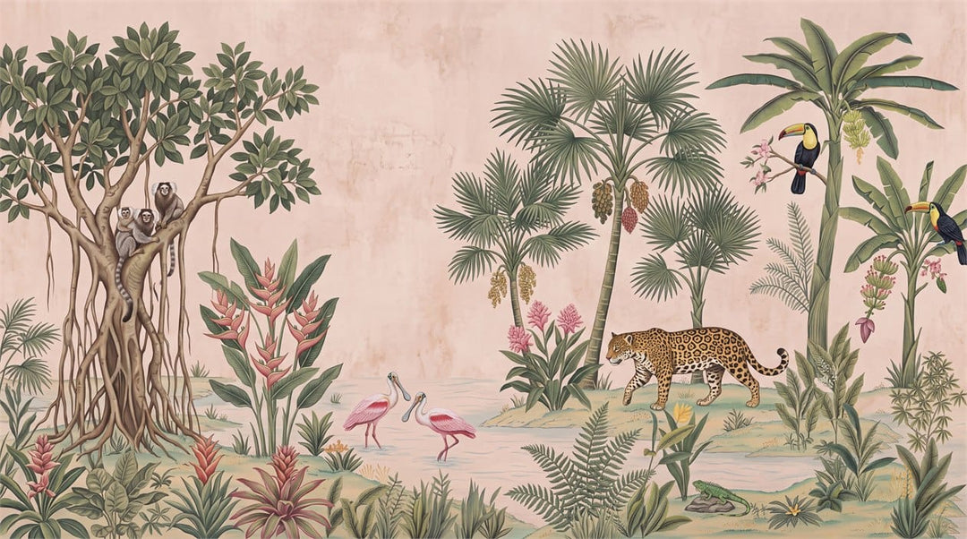 Pink Green Botanical Tropical Rainforest Wallpaper Mural scene image
