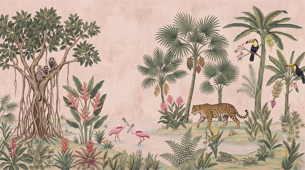 Pink Green Botanical Tropical Rainforest Wallpaper Mural