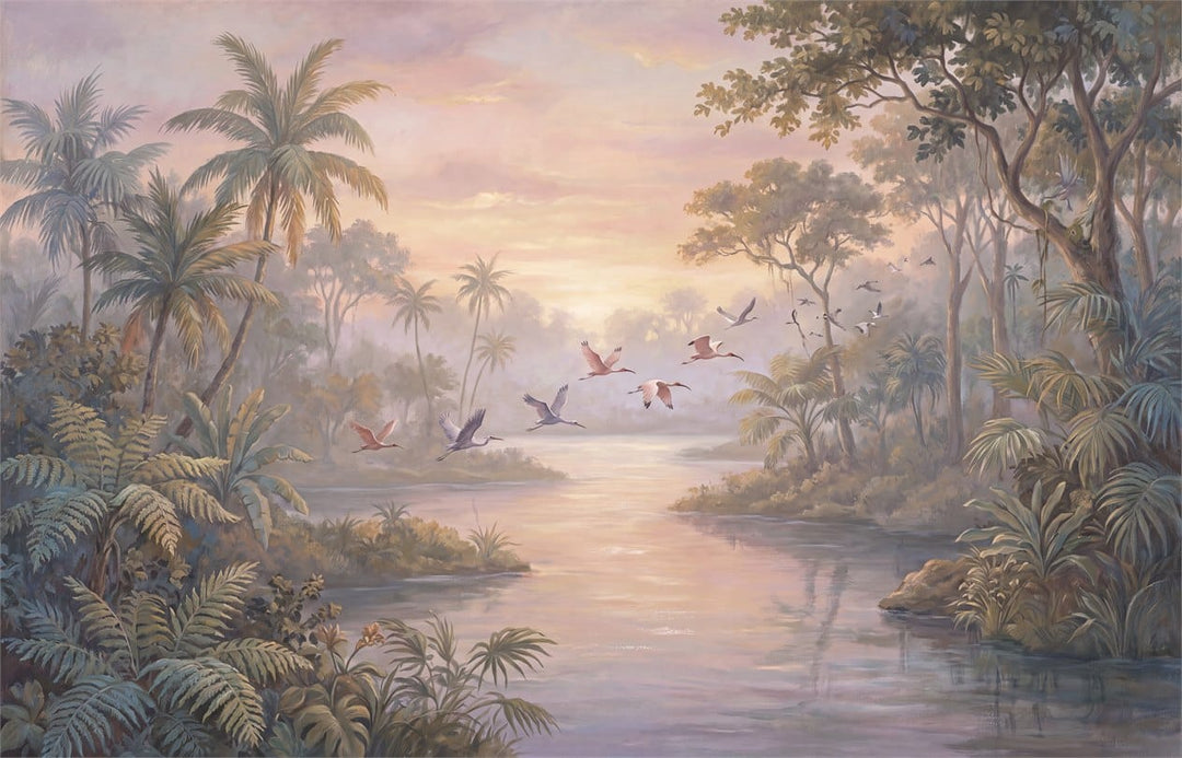 Deep Teal Botanical Tropical Rainforest Wallpaper Mural scene image