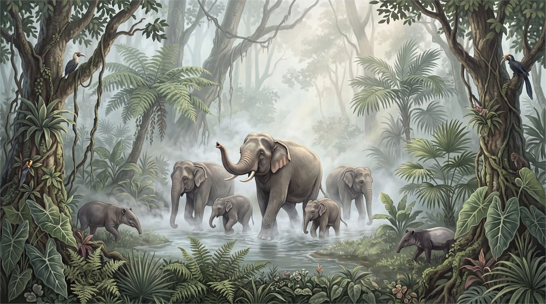 Teal Botanical Tropical Rainforest Wallpaper Mural scene image